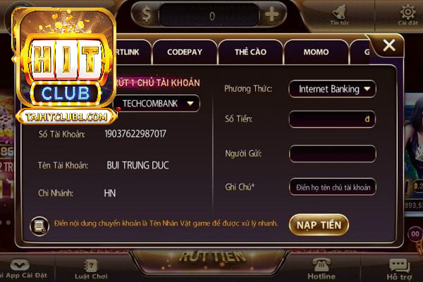 Cách nạp tiền vào HitClub qua app MoMo đơn giản